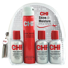 Набор для блеска и увлажнения CHI SHINE & MOISRURE Travel kit:(2+2) Shampoo 59ml + Conditioner 59ml + Silk Infusion 59ml+Infra Texture hair spray 74gr